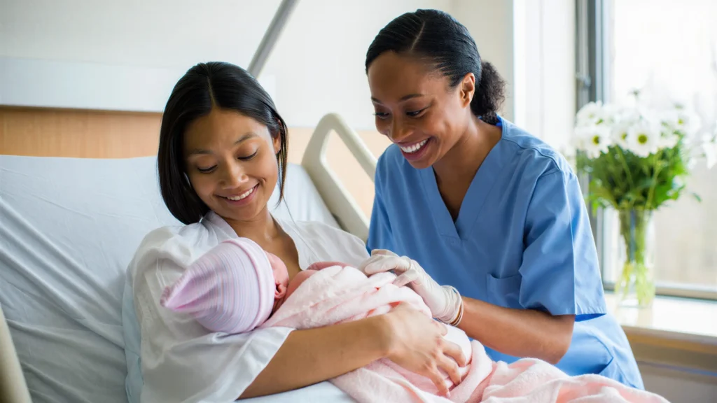 Professional Newborn Care Specialist supporting a mother and newborn with compassionate physician-led postpartum care and newborn guidance.